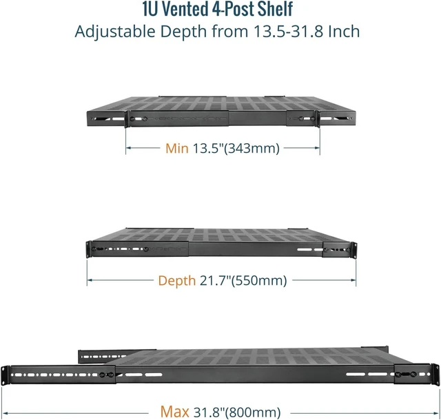 Alt view image 3 of 4 - 1U 4-Post Vented Server Rack Mount Shelf,21.7in Deep with Adjustable Depth 13.5-31.8 Inch,Supports to 242 lbs,Universal Tray for 19 Inch AV/Network Equipment Rack,Black