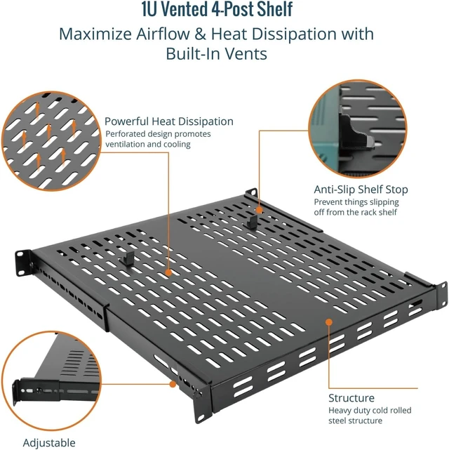 Alt view image 2 of 4 - 1U 4-Post Vented Server Rack Mount Shelf,21.7in Deep with Adjustable Depth 13.5-31.8 Inch,Supports to 242 lbs,Universal Tray for 19 Inch AV/Network Equipment Rack,Black