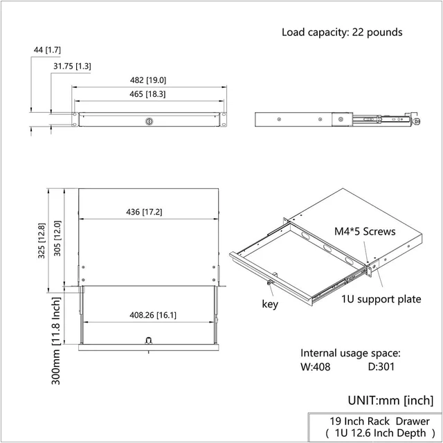 Alt view image 4 of 5 - 1U Server Cabinet Case 19" Rack Mount Lockable Drawer with Key, Rack Mount Drawer for 19in Network Equipment, Server Rack or Cabinet, 12.6 Inch Depth (1U)