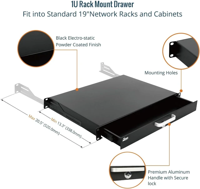 Alt view image 5 of 5 - 1U Rack Drawer,Rack Mount Drawer for 19in Network Equipment/Server/AV Rack or Cabinet Enclosure,Sliding and Lockable Server Rack Drawer - Load-Bearing 44lb (20kg),with Cable Management Holes