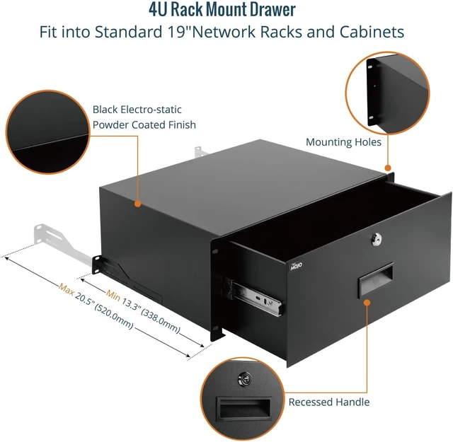 Alt view image 4 of 5 - 4U Rack Drawer,Rack Mount Drawer for 19in Network Equipment/Server/AV Rack or Cabinet Enclosure,Sliding and Lockable Server Rack Drawer - Load-Bearing 44lb (20kg),with Cable Management Holes
