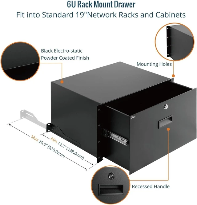 Alt view image 5 of 5 - 6U Rack Drawer,Rack Mount Drawer for 19in Network Equipment/Server/AV Rack or Cabinet Enclosure,Sliding and Lockable Server Rack Drawer - Load-Bearing 44lb (20kg),with Cable Management Holes