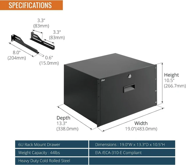 Alt view image 3 of 5 - 6U Rack Drawer,Rack Mount Drawer for 19in Network Equipment/Server/AV Rack or Cabinet Enclosure,Sliding and Lockable Server Rack Drawer - Load-Bearing 44lb (20kg),with Cable Management Holes