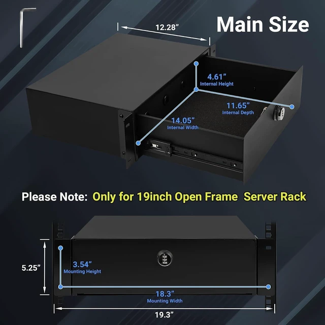 Alt view image 5 of 7 - 3U Rack Mount Drawer, Server Rack Drawer w/Combination Lock Foam Pad & Smooth Rails, Powder Coated, Fit for Most 19" Server /DJ /AV /Network Equipment Racks, Enclosures and Cabinets
