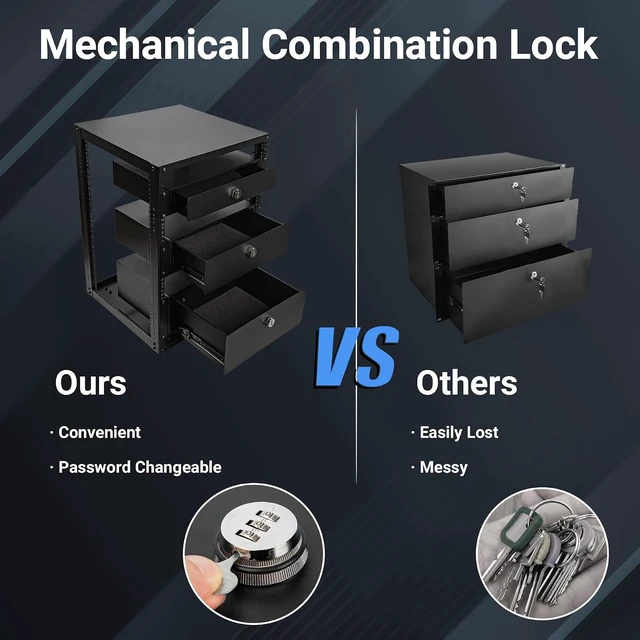 Alt view image 7 of 7 - 3U Rack Mount Drawer, Server Rack Drawer w/Combination Lock Foam Pad & Smooth Rails, Powder Coated, Fit for Most 19" Server /DJ /AV /Network Equipment Racks, Enclosures and Cabinets