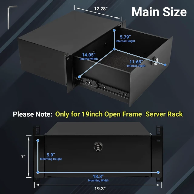 Alt view image 3 of 7 - 4U Rack Drawer, Server Rack Mount Drawer w/Combination Lock Foam Pad & Smooth Rails, Powder Coated, Fit for Most 19" Server/ AV/ DJ/ Network Equipment Racks, Enclosures and Cabinets