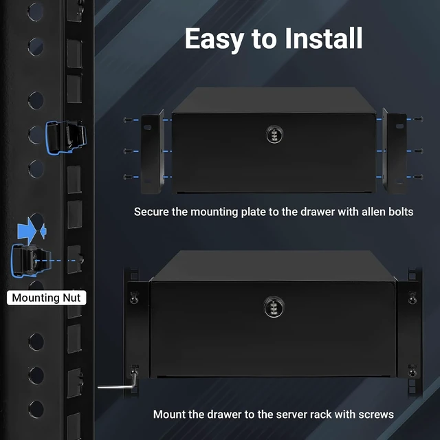 Alt view image 4 of 7 - 4U Rack Drawer, Server Rack Mount Drawer w/Combination Lock Foam Pad & Smooth Rails, Powder Coated, Fit for Most 19" Server/ AV/ DJ/ Network Equipment Racks, Enclosures and Cabinets