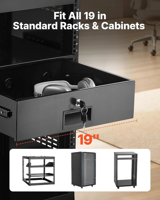 Alt view image 7 of 7 - 3U Rack Drawer, Lockable Server Cabinet Case, 13.8'' Depth Server Rack Mount Drawer, for 19'' Network Equipment/DJ/AV Rack or Cabinet Enclosure, 50 lbs Max Load, with Cable Management Holes