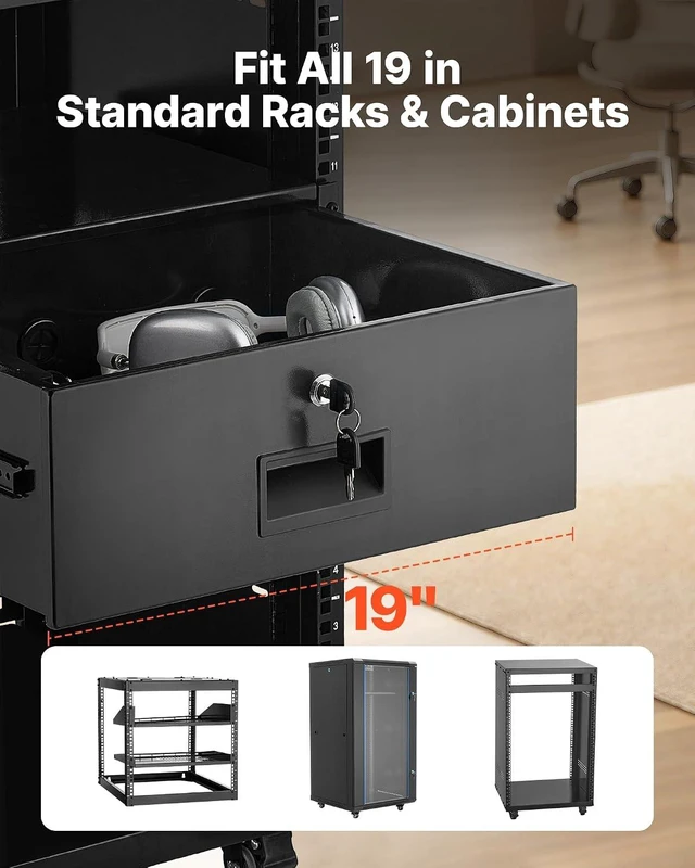 Alt view image 7 of 7 - 4U Rack Drawer, Lockable Server Cabinet Case, 13.8'' Depth Server Rack Mount Drawer, for 19'' Network Equipment/DJ/AV Rack or Cabinet Enclosure, 50 lbs Max Load, with Cable Management Holes