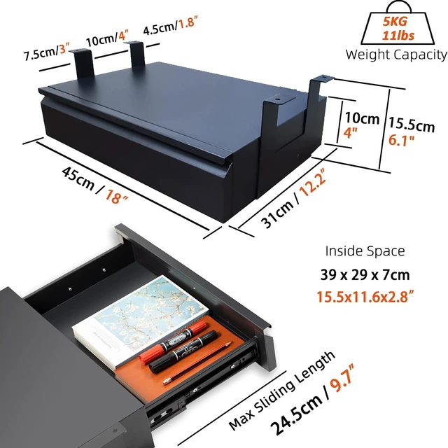 Alt view image 2 of 5 - Under Desk Drawer 18, Under Workbench Tool Storage Hanging Drawers, Black Tall, Under Counter Shelf Pencil Drawer, Slide Pull Out Shop Drawer Base, Under Desk Lip with Crossbar Storage Drawer
