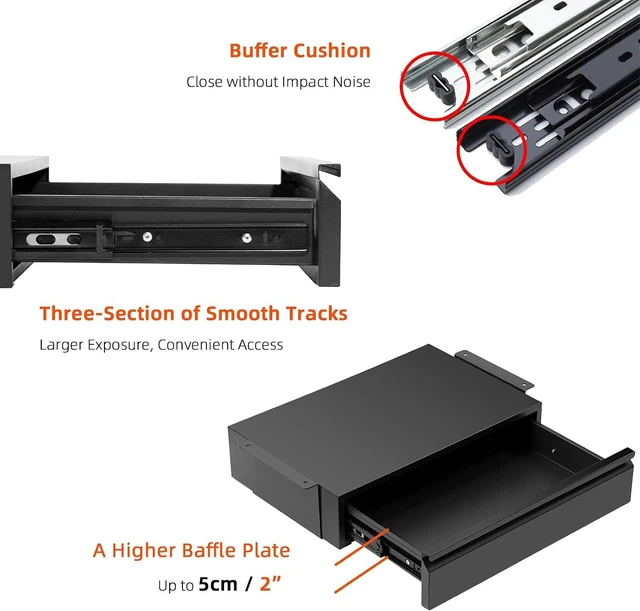 Alt view image 5 of 5 - Under Desk Drawer 18, Under Cabinet Counter Mount Pencil Drawer Black Normal 1 Pack, Under Workbench Tool Storage Hanging Metal Drawer, Large Standing Desk Organizer for Flat Bottom Table