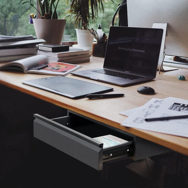Alt view image 2 of 5 - Under Desk Drawer 18, Under Cabinet Counter Mount Pencil Drawer Black Normal 1 Pack, Under Workbench Tool Storage Hanging Metal Drawer, Large Standing Desk Organizer for Flat Bottom Table