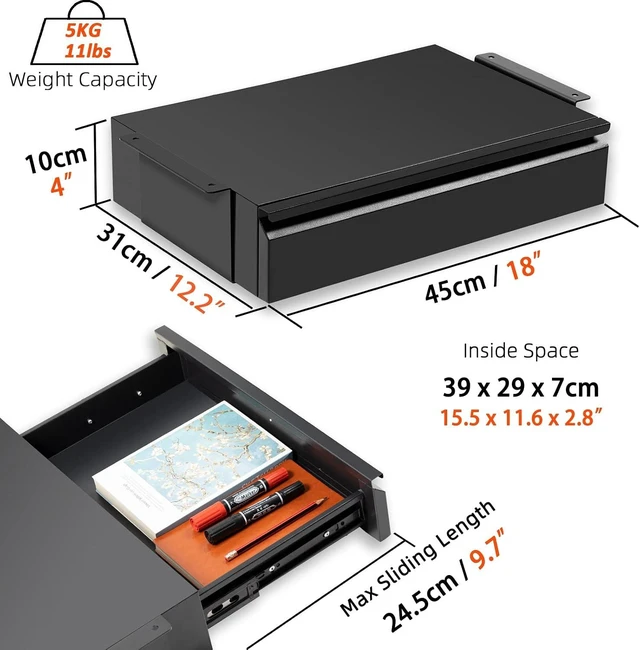 Alt view image 4 of 5 - Under Desk Drawer 18, Under Cabinet Counter Mount Pencil Drawer Black Normal 1 Pack, Under Workbench Tool Storage Hanging Metal Drawer, Large Standing Desk Organizer for Flat Bottom Table