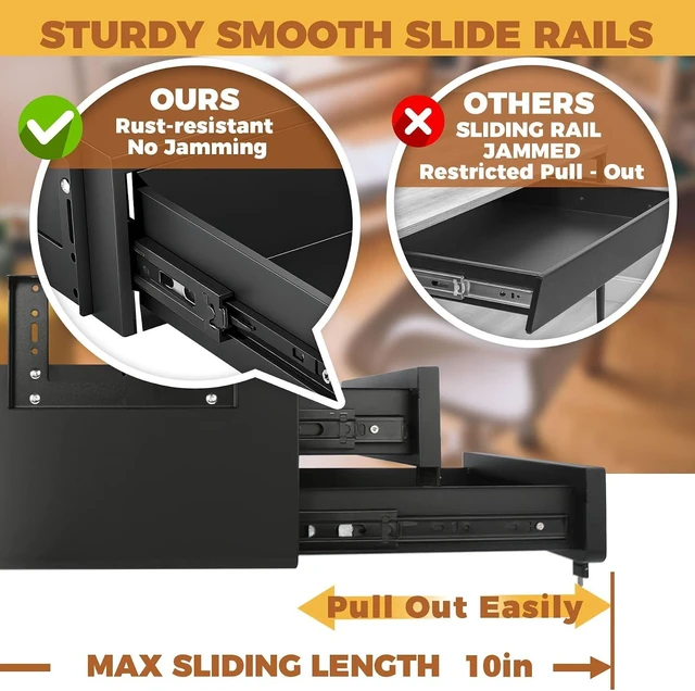Alt view image 3 of 6 - 14" D 2Tier Under Desk Drawer Lockable Pull Out Storage Organizer Metal Under Table Drawer with Lock & Key, Adjustable Height Under Desk Drawer Slide Out Smooth Slide Rails, Tier Hold 33 lbs