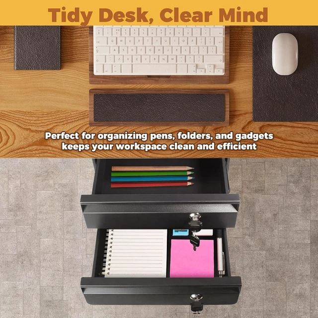 Alt view image 4 of 6 - 14" D 2Tier Under Desk Drawer Lockable Pull Out Storage Organizer Metal Under Table Drawer with Lock & Key, Adjustable Height Under Desk Drawer Slide Out Smooth Slide Rails, Tier Hold 33 lbs