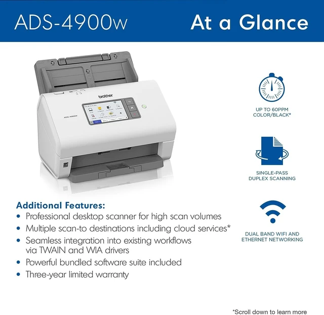 Alt view image 3 of 6 - Brother ADS-4900W Professional Desktop Scanner with Fast Scan Speeds, Duplex, Wireless, and Large Touchscreen