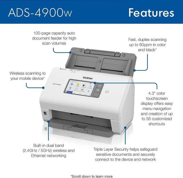 Alt view image 5 of 6 - Brother ADS-4900W Professional Desktop Scanner with Fast Scan Speeds, Duplex, Wireless, and Large Touchscreen