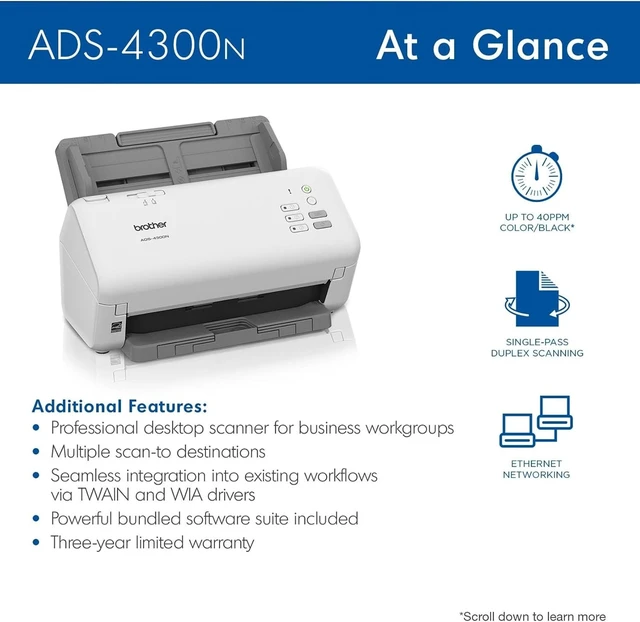 Alt view image 4 of 4 - Brother ADS-4300N Professional Desktop Scanner with Fast Scan Speeds, Duplex, and Networking,White