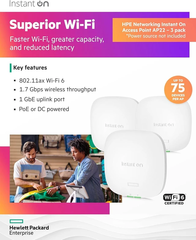 Alt view image 3 of 7 - HPE Networking Instant On Access Point AP22 2x2 WiFi 6 Indoor Wireless Access Point (3 Pack) | Long Range, Secure, Smart Mesh Support | Power Source Not Included (R4W01A-3PACK)