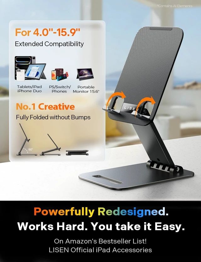 Alt view image 2 of 6 - iPad Stand Tablet Holder for Desk, Kindle Accessories Stand for Apple, iPhone Duo iPad Accessories, Fold Portable Monitor Stand, Phone Stand Desk Accessories Offices Essentials