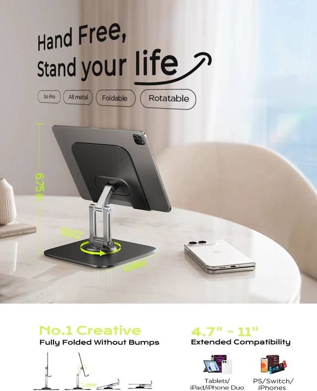 Alt view image 4 of 7 - For iPad Stand Holder, Aluminum Tablet Stand Holder for iPad, 2026 iPad Accessories, Rotating Display Stand, Home Office for Desk Women Gifts Kindle Tablet PS Switch iPhone 11"-4.7"