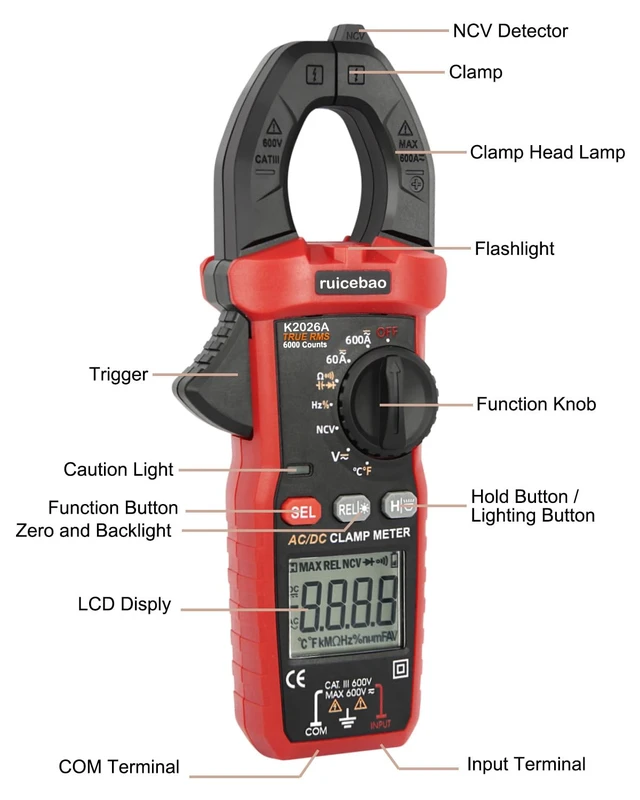 Alt view image 2 of 7 - Digital Clamp Meter, 6000 Counts, Measures High AC/DC Current 600A, 600V AC/DC Voltage, Multimeter, Voltage Meter, Backlit Display, Amp Meter, Electrician Tools, with Alligator Clips