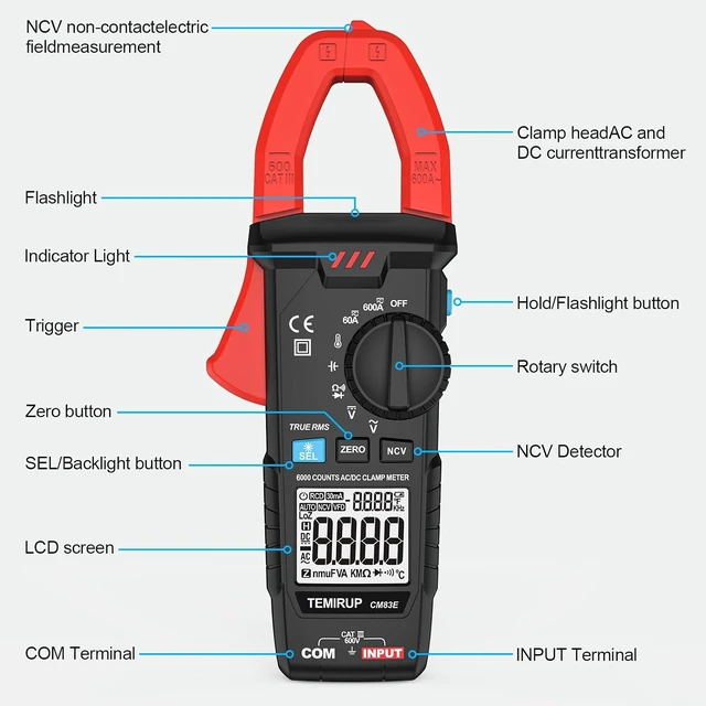 Alt view image 2 of 7 - Digital Clamp Meter Multimeter, TRMS 6000 Counts 600A Current Amp Volt Meter, Auto-Ranging Voltage Tester Measures AC DC Current Voltage Resistance Capacitance Temperature Diodes Continuity NCV Red