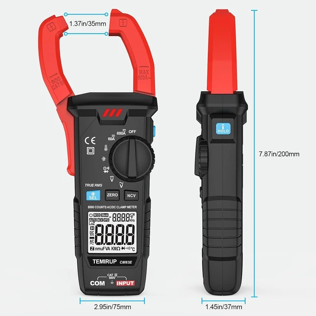 Alt view image 3 of 7 - Digital Clamp Meter Multimeter, TRMS 6000 Counts 600A Current Amp Volt Meter, Auto-Ranging Voltage Tester Measures AC DC Current Voltage Resistance Capacitance Temperature Diodes Continuity NCV Red