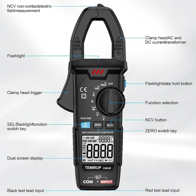 Alt view image 7 of 7 - Clamp Meter 6000 Counts TRMS, 600A AC/DC Amp Meter, Multimeter Tester Voltmeter, Continuity Tester Capacitor, AC/DC Current Clamp, Voltage, Resistance, Capacitance, NCV, Temperature Black