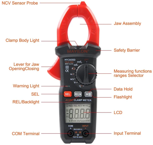 Alt view image 2 of 7 - Digital Clamp Meter, Multimeter 6000Counts Volt Meter Auto-ranging Measures AC/DC Amp Clamp, NCV Non Contact Check Function