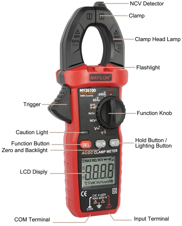 Alt view image 2 of 7 - Digital Clamp Meter, Multimeter TRMS 6000 Counts Amp Volt Meter Auto-ranging Measures AC/DC Voltage, AC/DC Current Capacitance NCV Frequency Live Wire Resistance Diode Temperature Continuity MY2610D