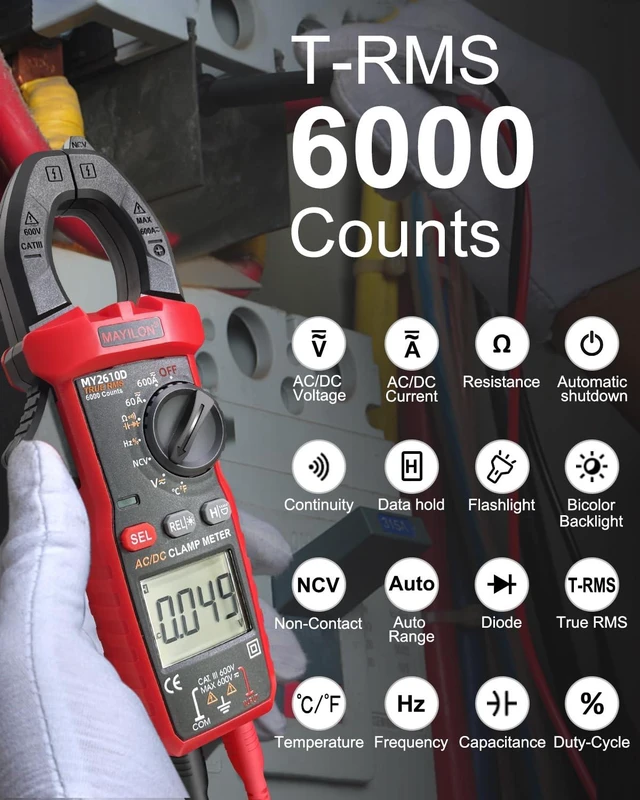 Alt view image 6 of 7 - Digital Clamp Meter, Multimeter TRMS 6000 Counts Amp Volt Meter Auto-ranging Measures AC/DC Voltage, AC/DC Current Capacitance NCV Frequency Live Wire Resistance Diode Temperature Continuity MY2610D