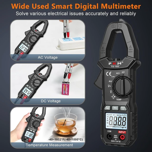 Alt view image 4 of 7 - AC/DC 600 Amp Clamp Meter Digital Multimeter Tester TRMS 6000 Counts Auto-ranging Voltage Tester,for AC/DC Current,AC/DC Voltage,NCV Detection,Capacitance,Resistance,Ohm,Continuity,Diode,Hz,Temp