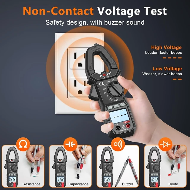 Alt view image 3 of 7 - AC/DC 600 Amp Clamp Meter Digital Multimeter Tester TRMS 6000 Counts Auto-ranging Voltage Tester,for AC/DC Current,AC/DC Voltage,NCV Detection,Capacitance,Resistance,Ohm,Continuity,Diode,Hz,Temp