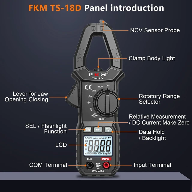 Alt view image 2 of 7 - AC/DC 600 Amp Clamp Meter Digital Multimeter Tester TRMS 6000 Counts Auto-ranging Voltage Tester,for AC/DC Current,AC/DC Voltage,NCV Detection,Capacitance,Resistance,Ohm,Continuity,Diode,Hz,Temp