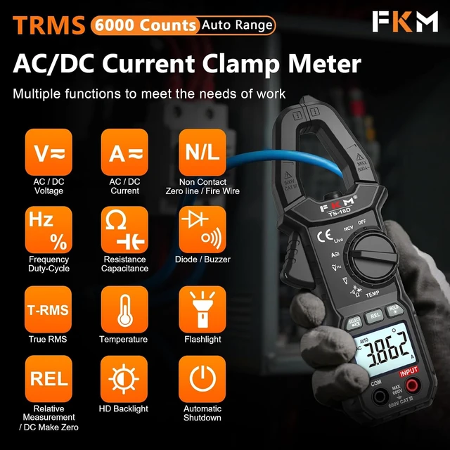 Alt view image 5 of 7 - AC/DC 600 Amp Clamp Meter Digital Multimeter Tester TRMS 6000 Counts Auto-ranging Voltage Tester,for AC/DC Current,AC/DC Voltage,NCV Detection,Capacitance,Resistance,Ohm,Continuity,Diode,Hz,Temp
