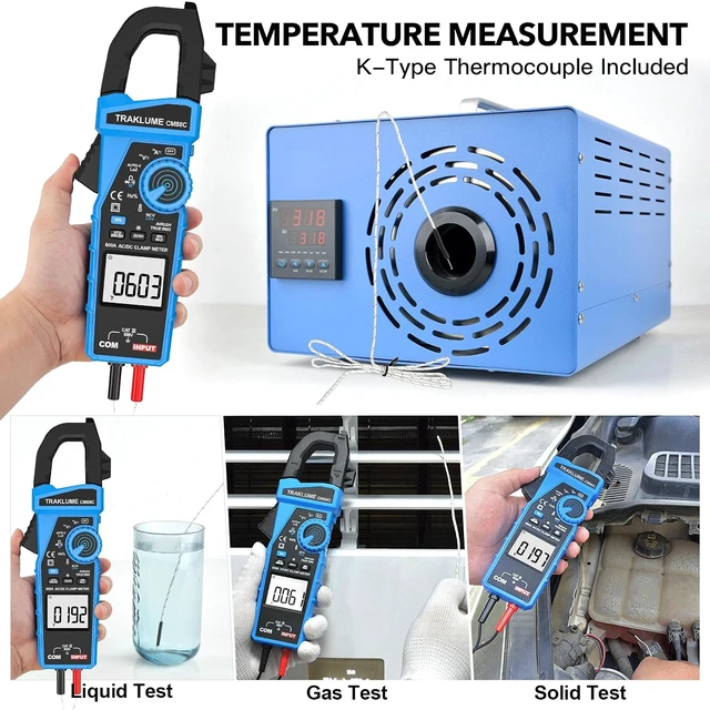 Alt view image 3 of 7 - Clamp Meter Multimeter 600A AC/DC Current TRMS Amp Meter Clamp Multimeter True-RMS 6000-Count, AC/DC 600A Current & Voltage, Cap/Freq/Resist/Temp, NCV/VFD/LoZ, Inrush, Flashlight, Data Hold & Max/Min