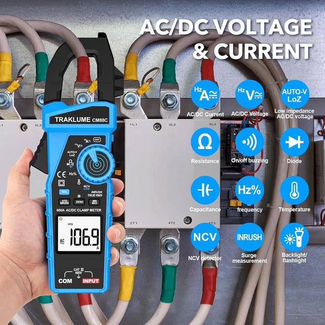Alt view image 5 of 7 - Clamp Meter Multimeter 600A AC/DC Current TRMS Amp Meter Clamp Multimeter True-RMS 6000-Count, AC/DC 600A Current & Voltage, Cap/Freq/Resist/Temp, NCV/VFD/LoZ, Inrush, Flashlight, Data Hold & Max/Min