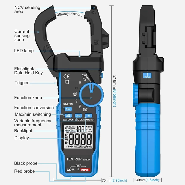Alt view image 7 of 7 - Digital Clamp Meter Multimeter with Inrush | AC DC Current Amp Meter,1000A True RMS,6000 Counts,VFD, LOZ Mode, Voltmeter, Continuity Tester Capacitor, Measures Current Voltage Temperature
