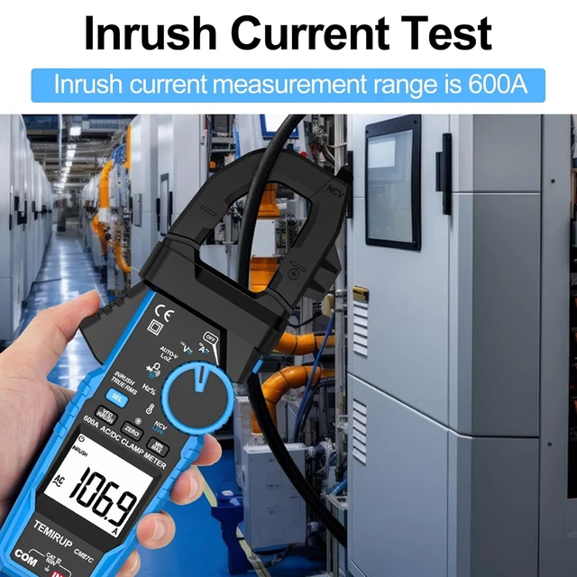 Alt view image 7 of 7 - Digital Inrush Clamp Meter Multimeter, T-RMS 6000 Counts 600A Current Amp Volt Meter with VFD, LOZ Mode; Measures NCV AC/DC Current Voltage Temperature Resistance Capacitance Continuity