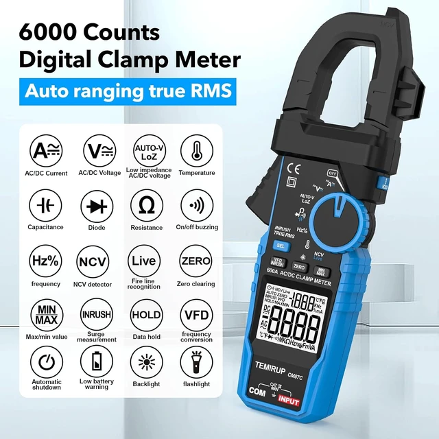 Alt view image 3 of 7 - Digital Inrush Clamp Meter Multimeter, T-RMS 6000 Counts 600A Current Amp Volt Meter with VFD, LOZ Mode; Measures NCV AC/DC Current Voltage Temperature Resistance Capacitance Continuity