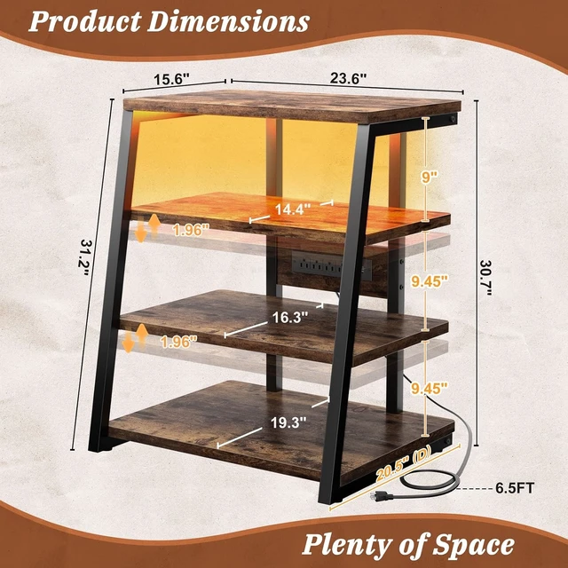 Alt view image 4 of 7 - AV Media Stand, Stereo Stands and Racks Small Entertainment Center, Corner Shelf Stand with Power Strip & LED Lights, Audio Tower HIFI Rack Stereo Shelf CRT TV Stand, 4 Tier, Rustic Brown