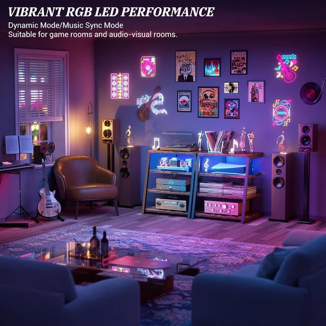 Alt view image 6 of 7 - AV Media Stand, Stereo Stands and Racks Small Entertainment Center, Corner Shelf Stand with Power Strip & LED Lights, Audio Tower HIFI Rack Stereo Shelf CRT TV Stand, 4 Tier, Rustic Brown