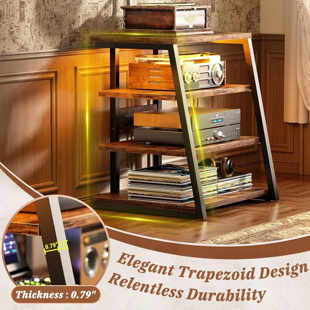 Alt view image 2 of 7 - AV Media Stand, Stereo Stands and Racks Small Entertainment Center, Corner Shelf Stand with Power Strip & LED Lights, Audio Tower HIFI Rack Stereo Shelf CRT TV Stand, 4 Tier, Rustic Brown