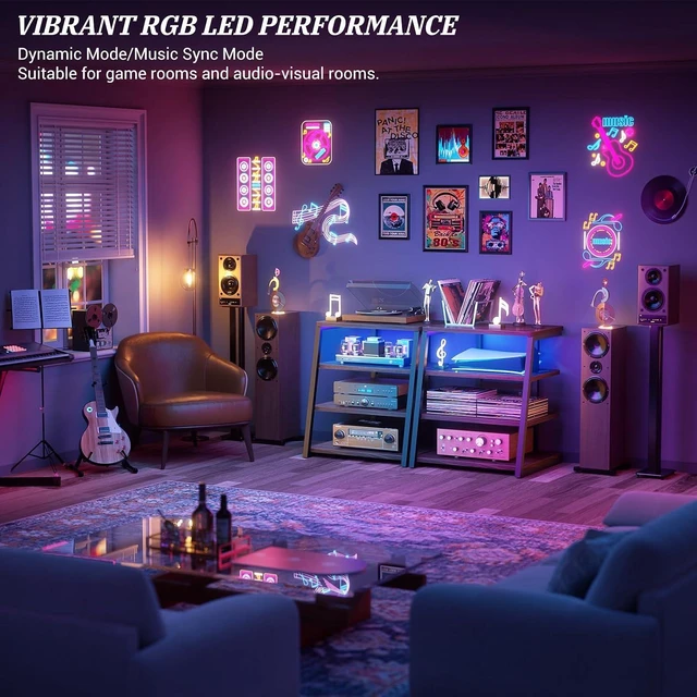 Alt view image 6 of 7 - AV Media Stand, Stereo Stands and Racks Small Entertainment Center Corner Shelf Stand with Power Strip & LED Lights, Audio Tower HIFI Rack Stereo Shelf CRT TV Stand, 4 Tier, Black Walnut