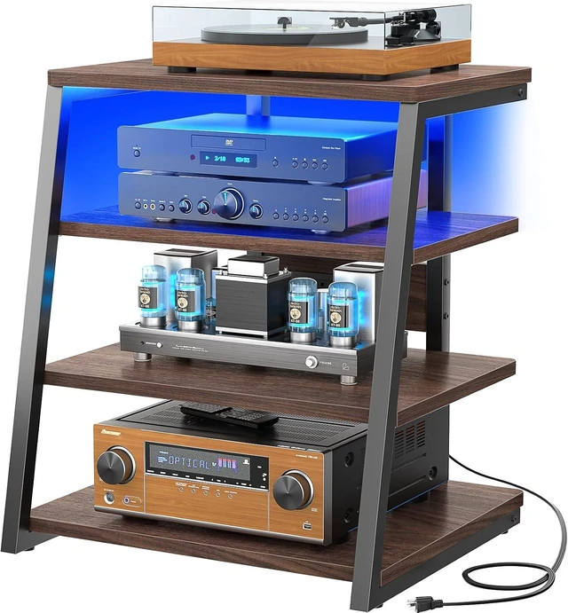 Main image of AV Media Stand, Stereo Stands and Racks Small Entertainment Center Corner Shelf Stand with Power Strip & LED Lights, Audio Tower HIFI Rack Stereo Shelf CRT TV Stand, 4 Tier, Black Walnut