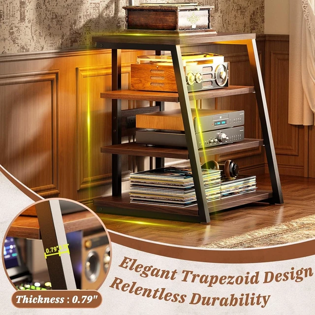 Alt view image 4 of 7 - AV Media Stand, Stereo Stands and Racks Small Entertainment Center Corner Shelf Stand with Power Strip & LED Lights, Audio Tower HIFI Rack Stereo Shelf CRT TV Stand, 4 Tier, Black Walnut
