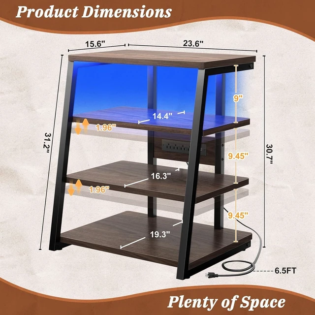 Alt view image 2 of 7 - AV Media Stand, Stereo Stands and Racks Small Entertainment Center Corner Shelf Stand with Power Strip & LED Lights, Audio Tower HIFI Rack Stereo Shelf CRT TV Stand, 4 Tier, Black Walnut