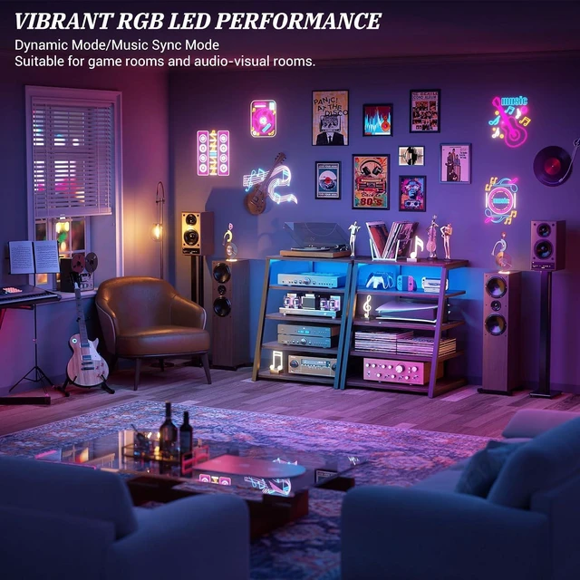 Alt view image 4 of 7 - AV Media Stand, Stereo Stands and Racks Small Entertainment Center, Corner Shelf Stand with Power Strip & LED Lights, Audio Tower HIFI Rack Stereo Shelf CRT TV Stand, 5 Tier, Black Walnut Black Walnut