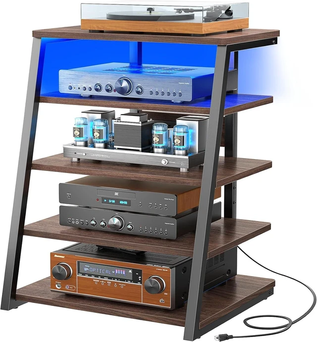 Main image of AV Media Stand, Stereo Stands and Racks Small Entertainment Center, Corner Shelf Stand with Power Strip & LED Lights, Audio Tower HIFI Rack Stereo Shelf CRT TV Stand, 5 Tier, Black Walnut Black Walnut